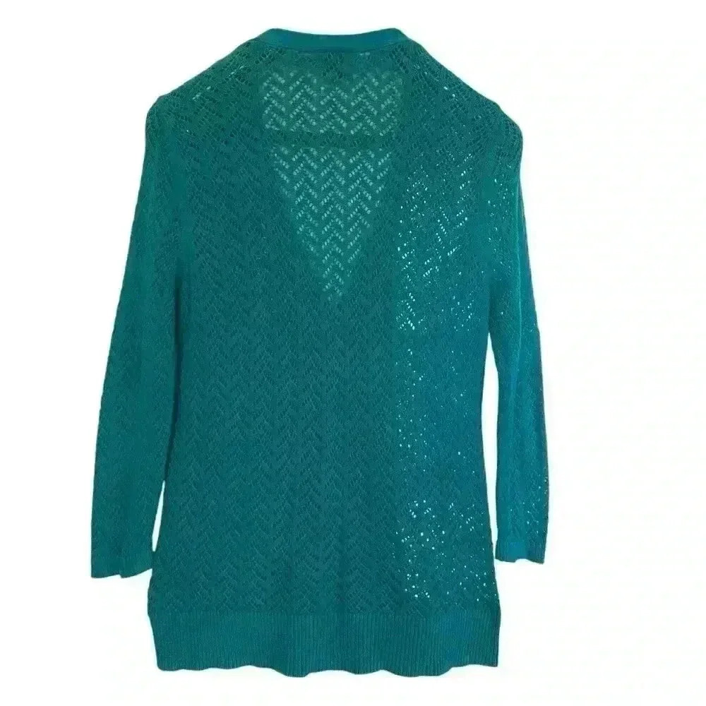 Ann Taylor Open Knit Crochet Cardigan Size L Teal V neck Lightweight Casual Fall - Picture 5 of 9